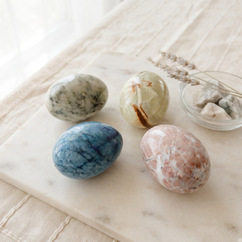 Vintage Polished Stone Eggs Set of 4 Onyx Marble Etched Blue Pink Green Decor